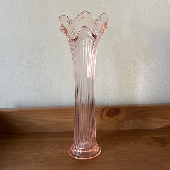 Accents Pink Fluted Glass Flared Trumpet Ruffled Midcentury Vase